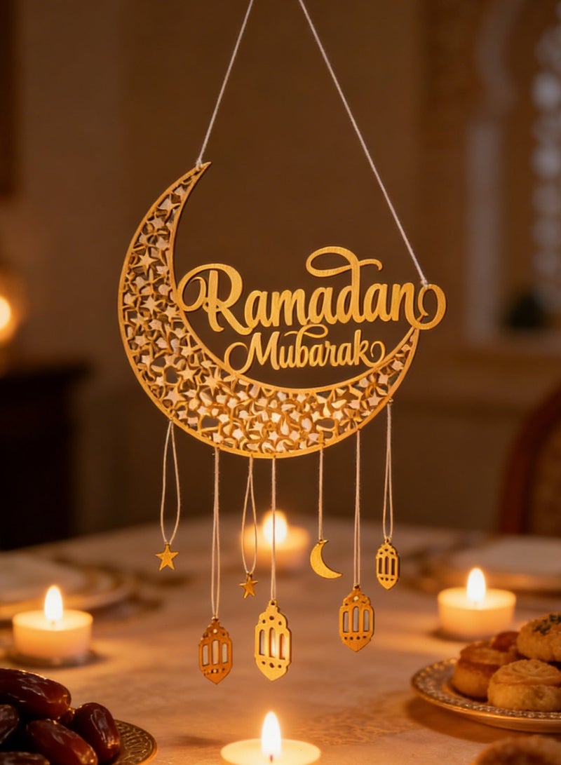 يواوليتي زينة رمضان، زينة رمضان المعلقة، قمر ذهبي خشبي وحرف يدوية، هدية رمضان مثالية لتزيين غرفة المعيشة - Image 4